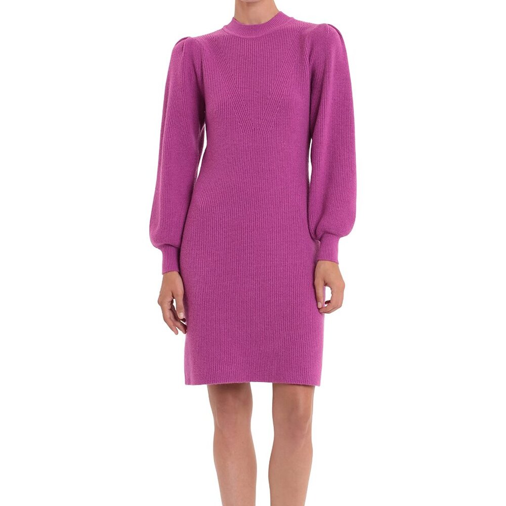 Donna Morgan Mock Neck Puff Long Sleeve Sweater Dress Raspberry Pink Size S